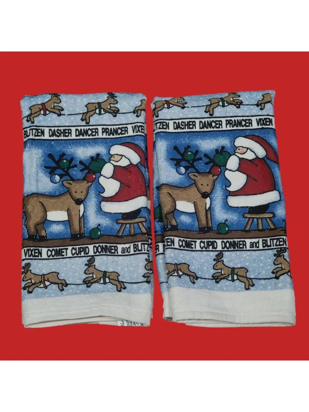 Vintage Christmas Kitchen Hand Towels Set of 2 Santa Reindeer Names Border Cotto